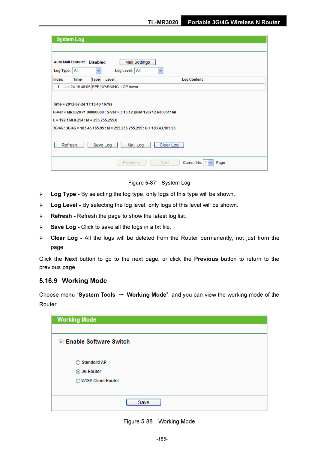 TP-Link TL-MR3020 manual Working Mode 