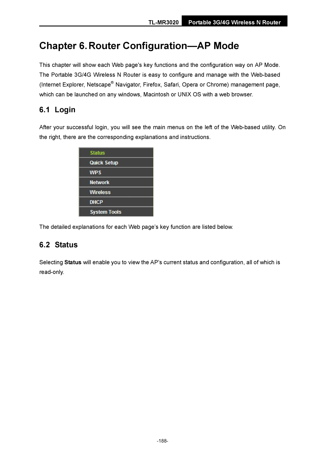 TP-Link TL-MR3020 manual Router Configuration-AP Mode 