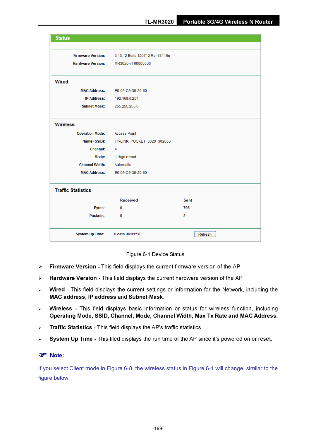 TP-Link TL-MR3020 manual Device Status 