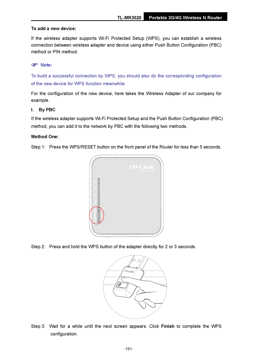 TP-Link TL-MR3020 manual To add a new device, By PBC 