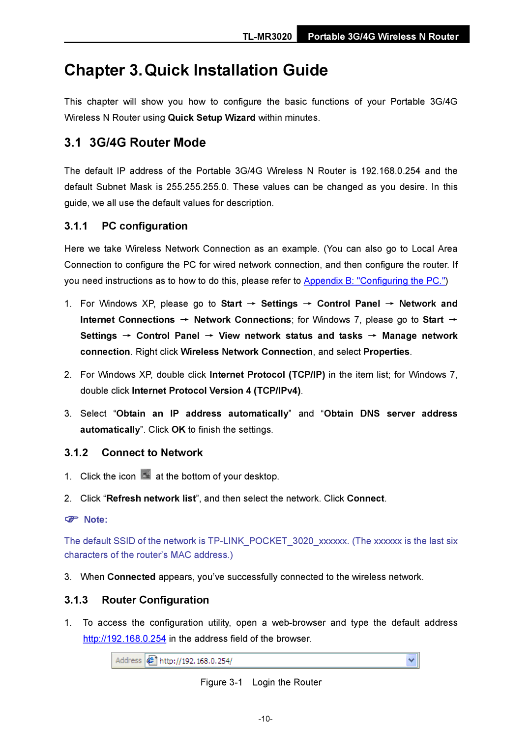 TP-Link TL-MR3020 manual 3G/4G Router Mode, PC configuration, Connect to Network, Router Configuration 