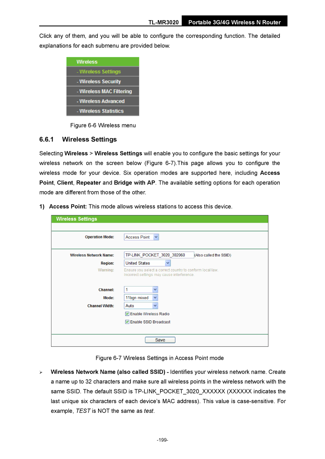 TP-Link TL-MR3020 manual Wireless menu 