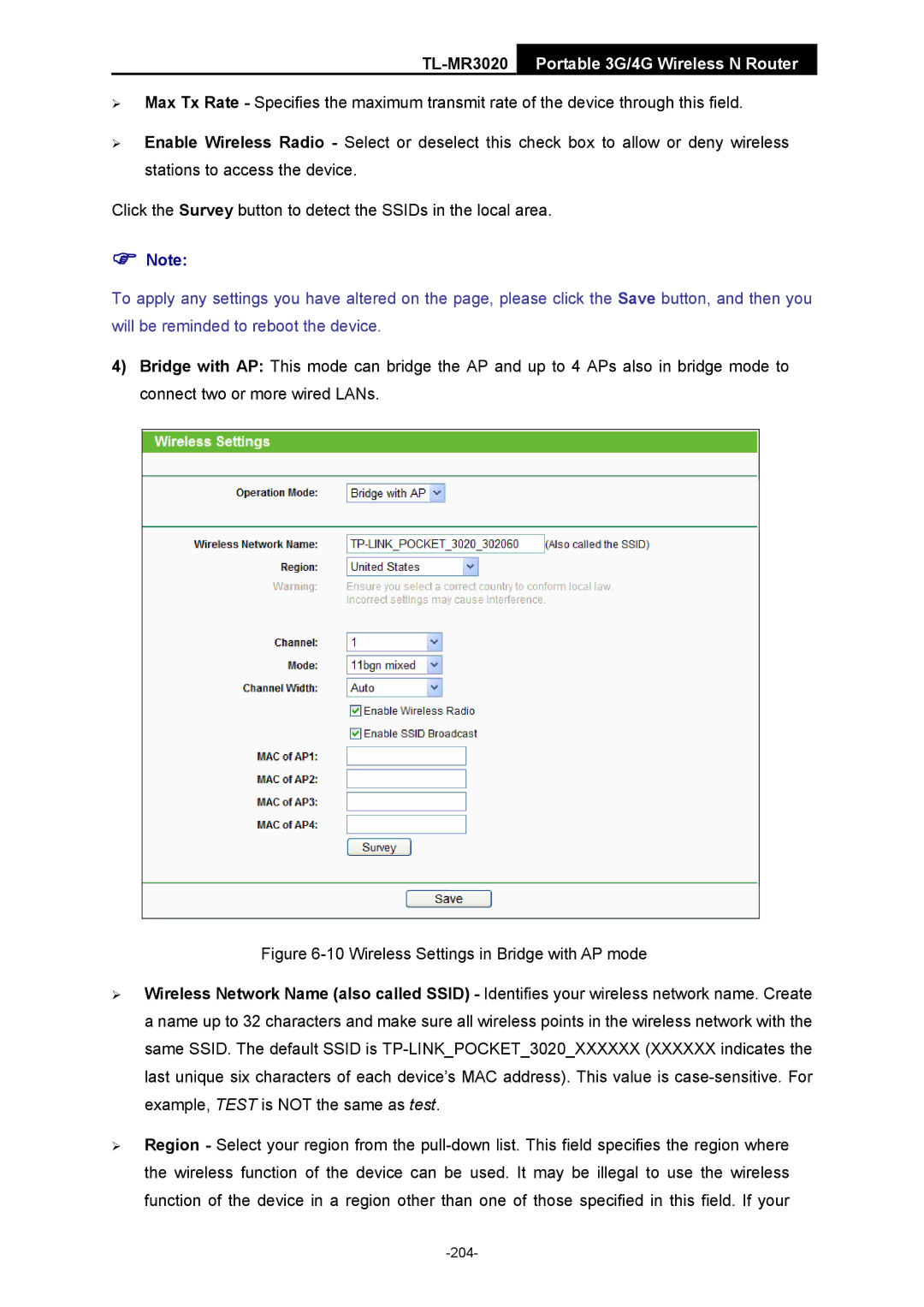 TP-Link TL-MR3020 manual Wireless Settings in Bridge with AP mode 