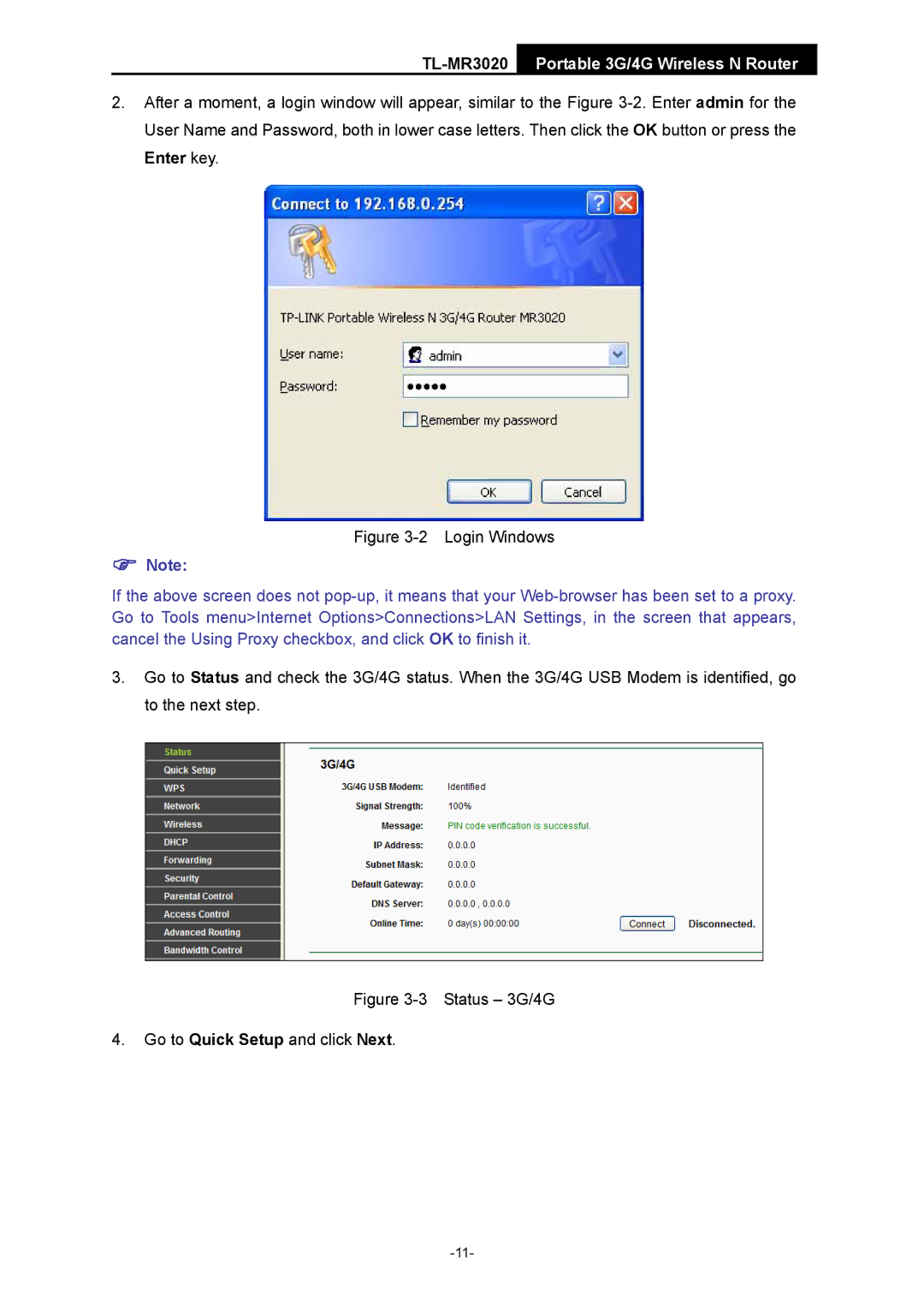 TP-Link TL-MR3020 manual Login Windows 