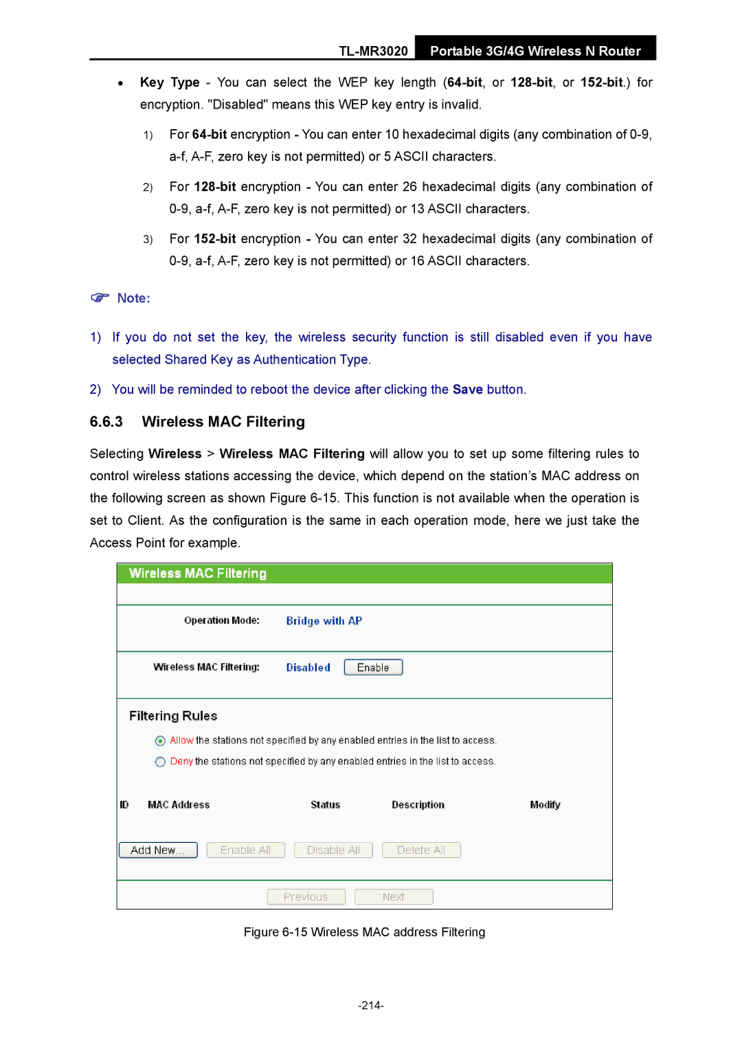 TP-Link TL-MR3020 manual Wireless MAC address Filtering 