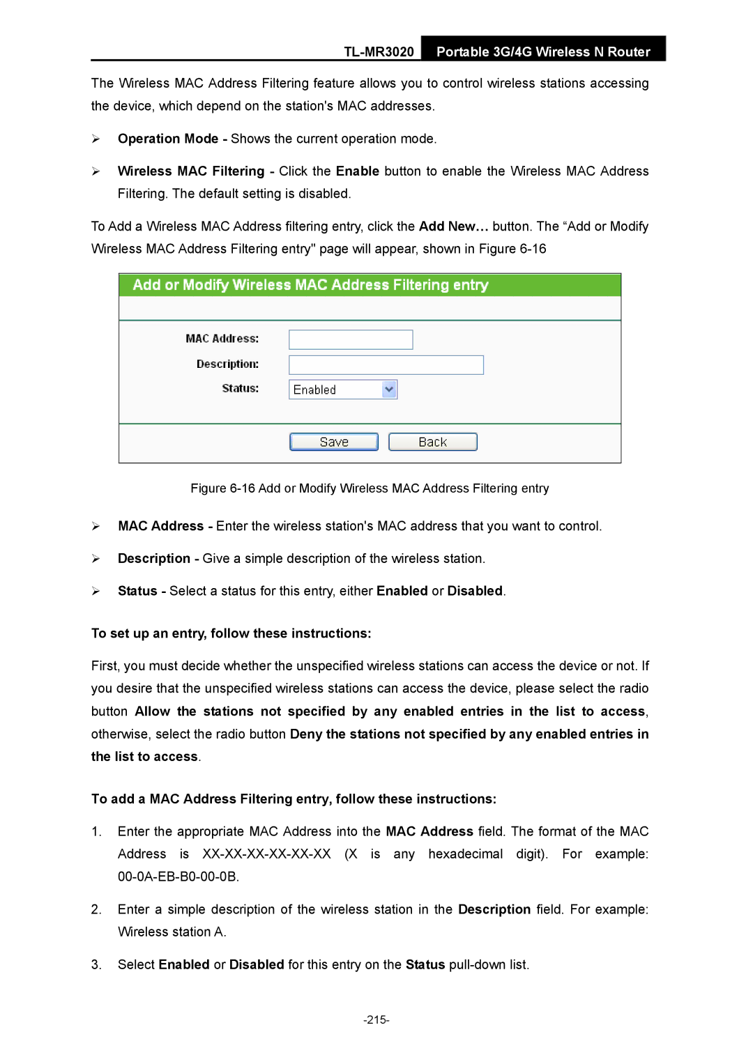 TP-Link TL-MR3020 manual To set up an entry, follow these instructions, Add or Modify Wireless MAC Address Filtering entry 