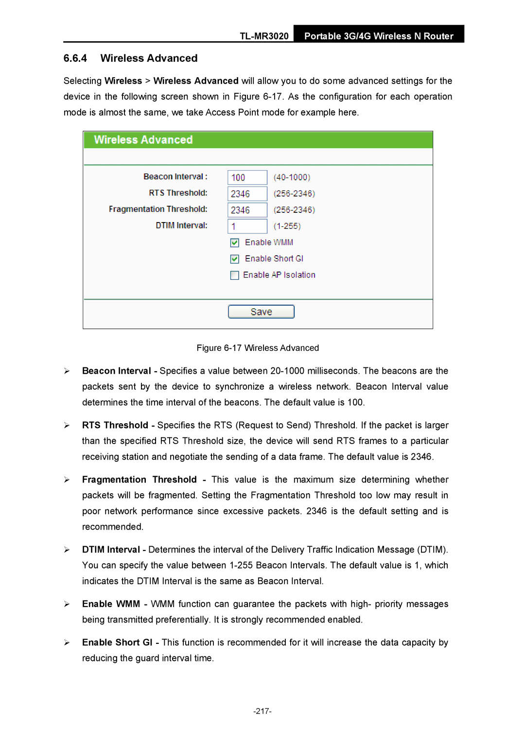 TP-Link TL-MR3020 manual Wireless Advanced 