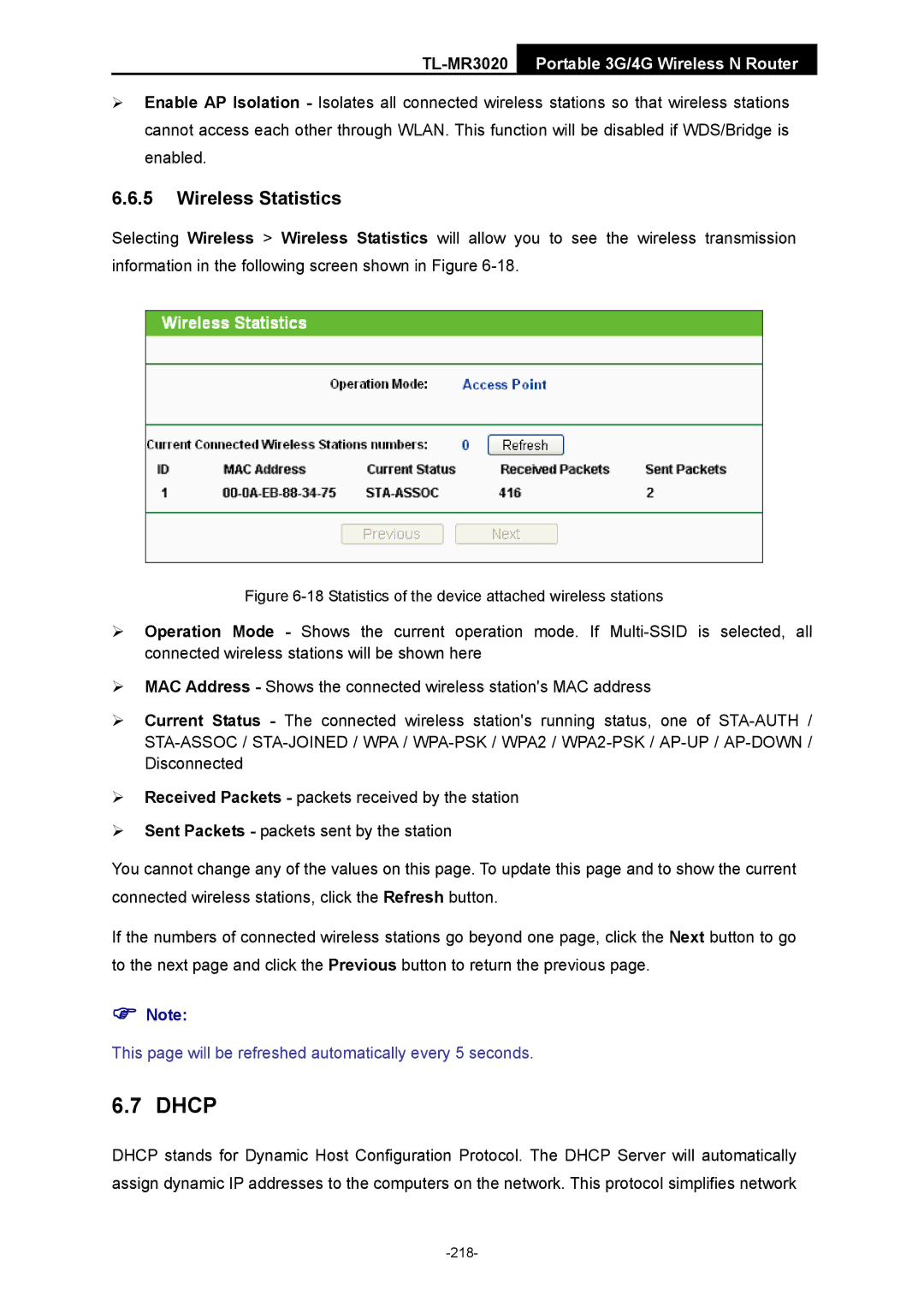 TP-Link TL-MR3020 manual Statistics of the device attached wireless stations 