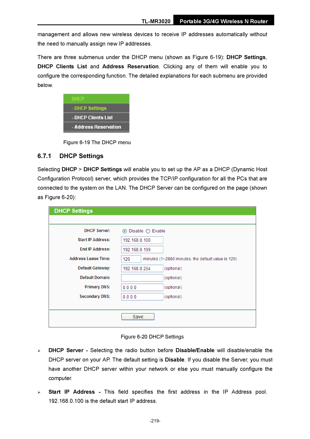 TP-Link TL-MR3020 manual The Dhcp menu 