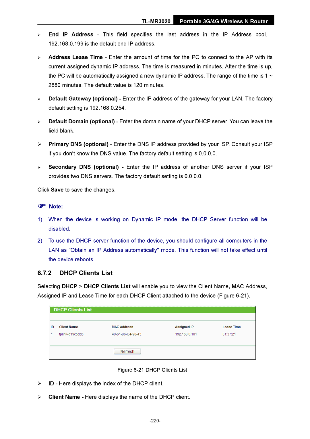 TP-Link TL-MR3020 manual Dhcp Clients List 