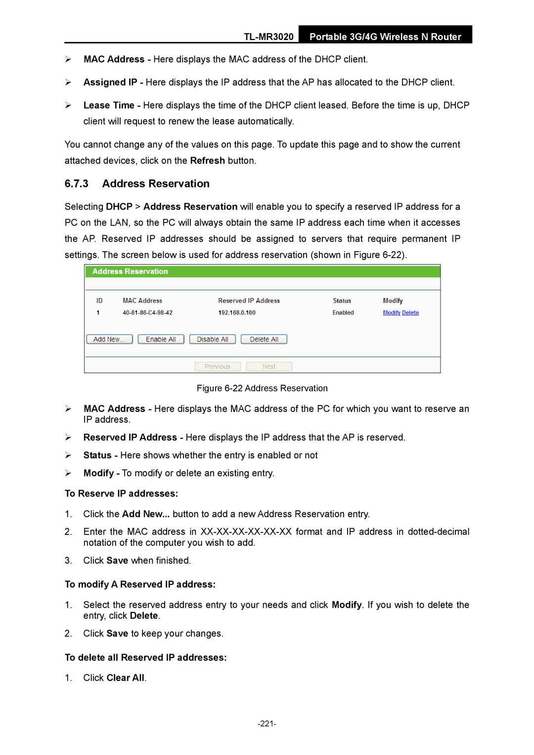 TP-Link TL-MR3020 manual To modify a Reserved IP address, To delete all Reserved IP addresses Click Clear All 