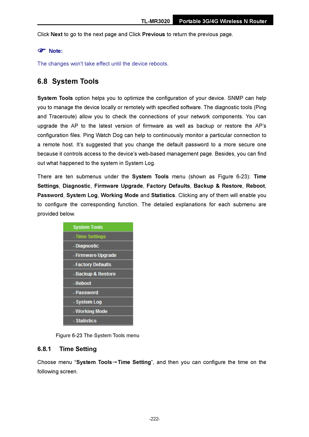 TP-Link TL-MR3020 manual The System Tools menu 