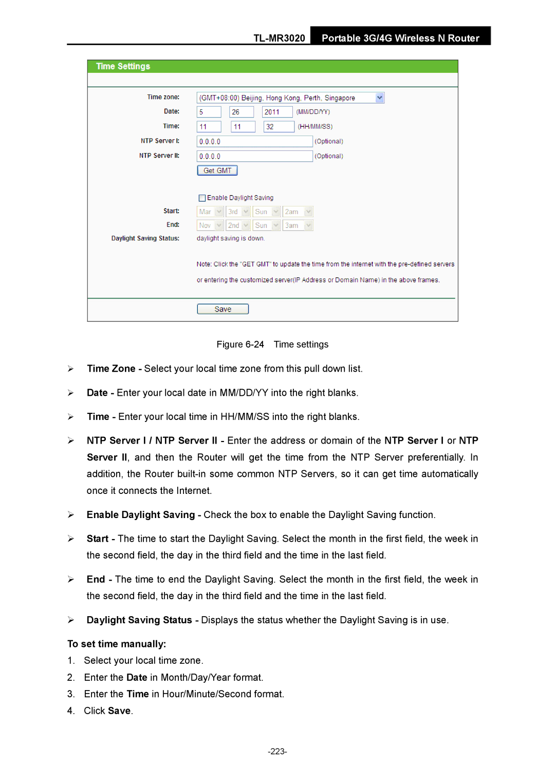 TP-Link TL-MR3020 manual Time settings 