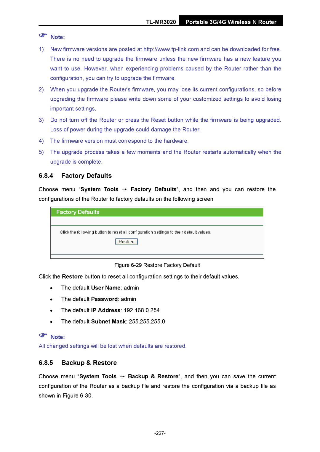 TP-Link TL-MR3020 manual Restore Factory Default 