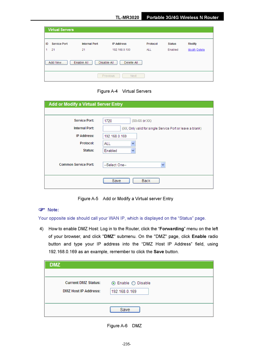 TP-Link TL-MR3020 manual Figure A-4 Virtual Servers 