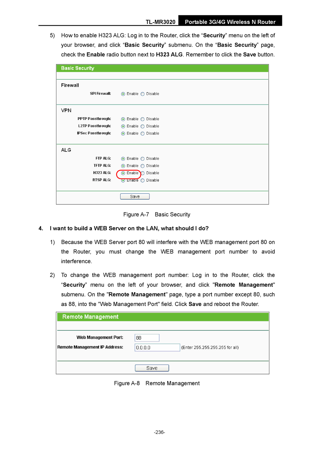 TP-Link TL-MR3020 manual Figure A-7 Basic Security, Want to build a WEB Server on the LAN, what should I do? 