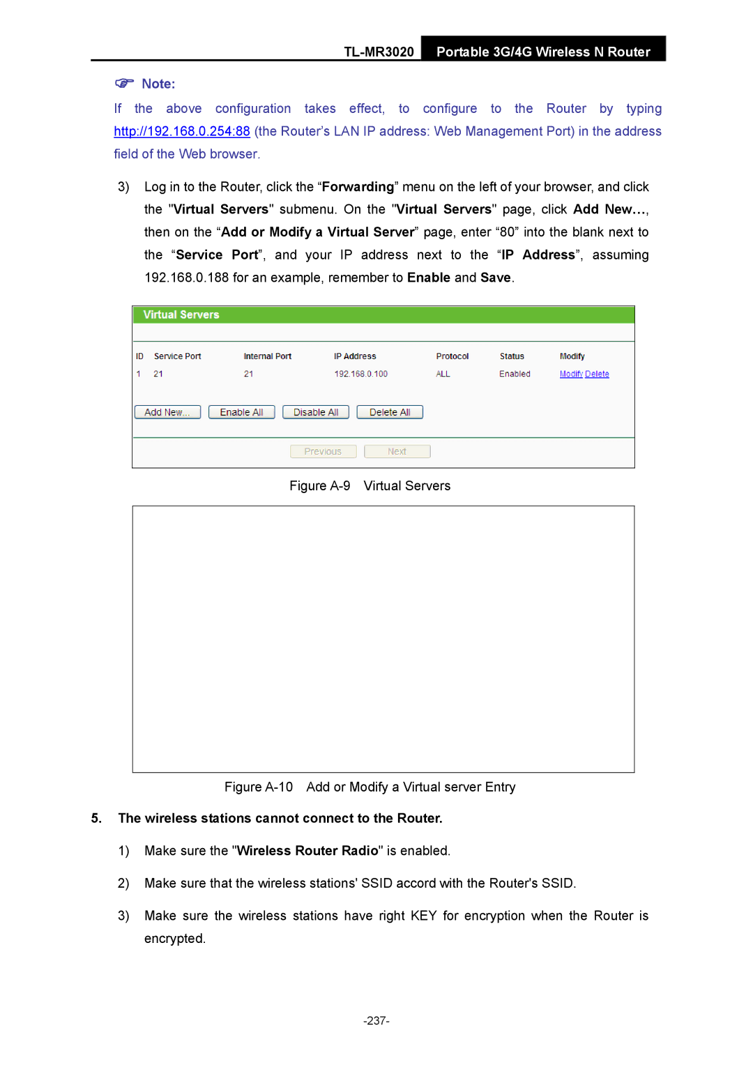 TP-Link TL-MR3020 manual Figure A-9 Virtual Servers, Wireless stations cannot connect to the Router 