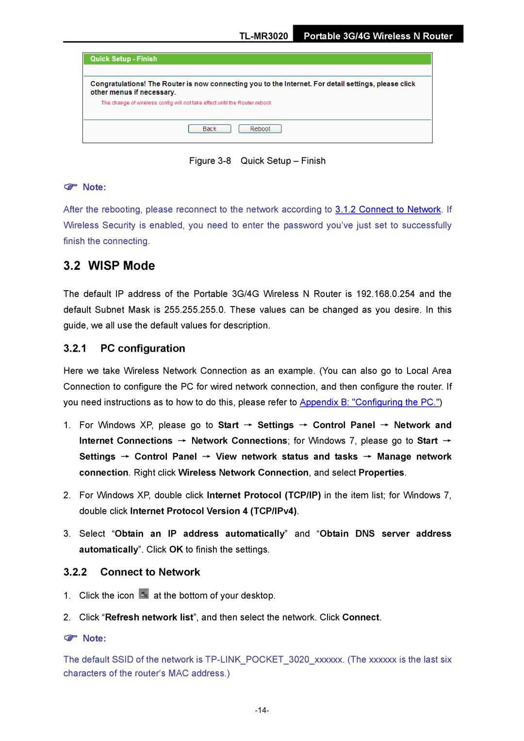 TP-Link TL-MR3020 manual Wisp Mode, Quick Setup Finish 