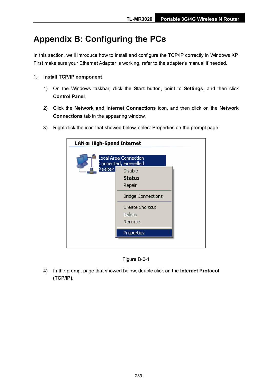 TP-Link TL-MR3020 manual Appendix B Configuring the PCs, Install TCP/IP component 