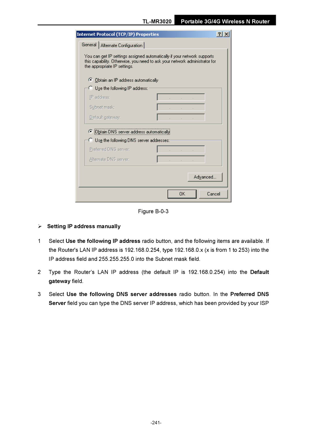 TP-Link TL-MR3020 Figure B-0-3, ¾ Setting IP address manually 