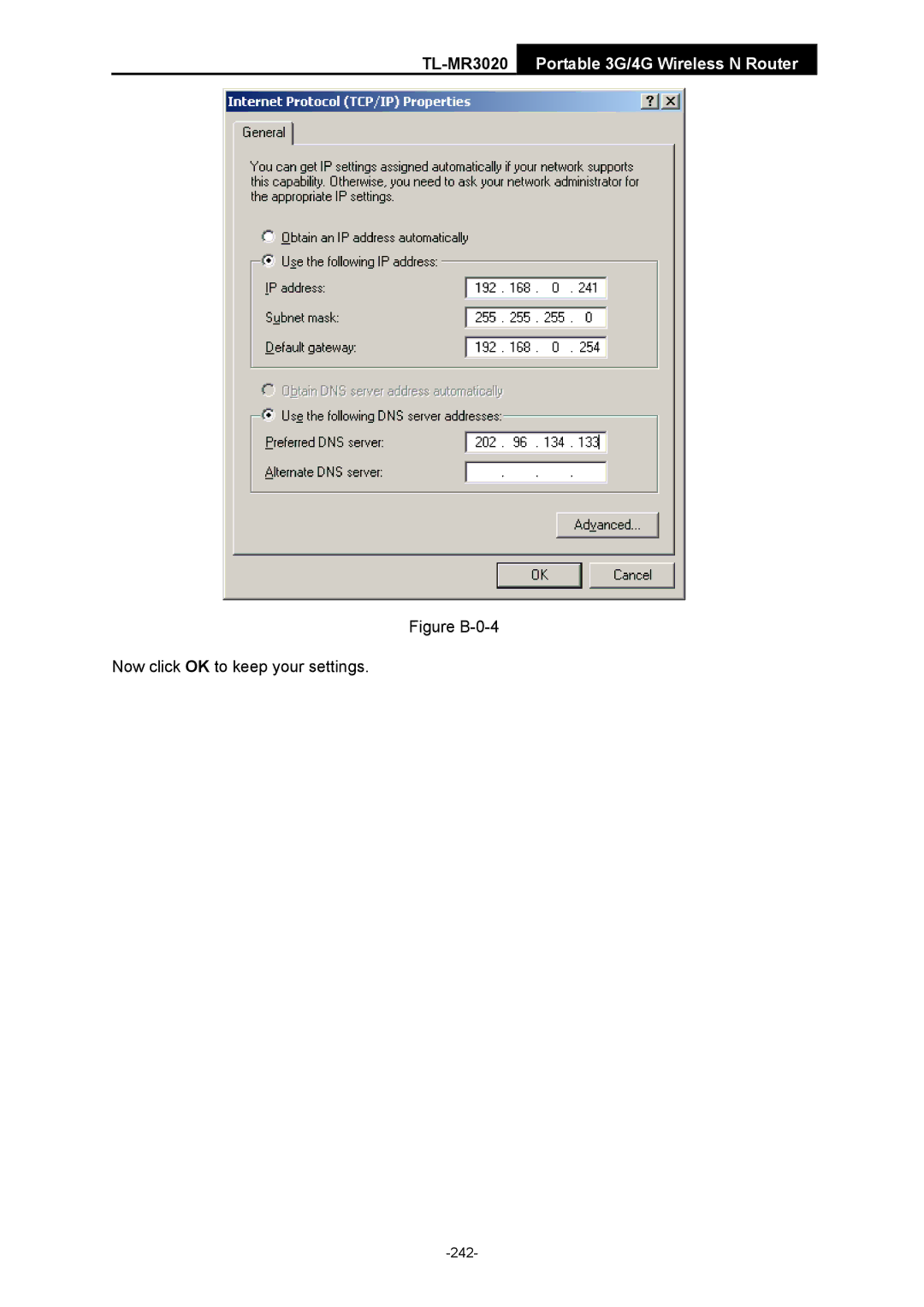 TP-Link TL-MR3020 manual Figure B-0-4 Now click OK to keep your settings 