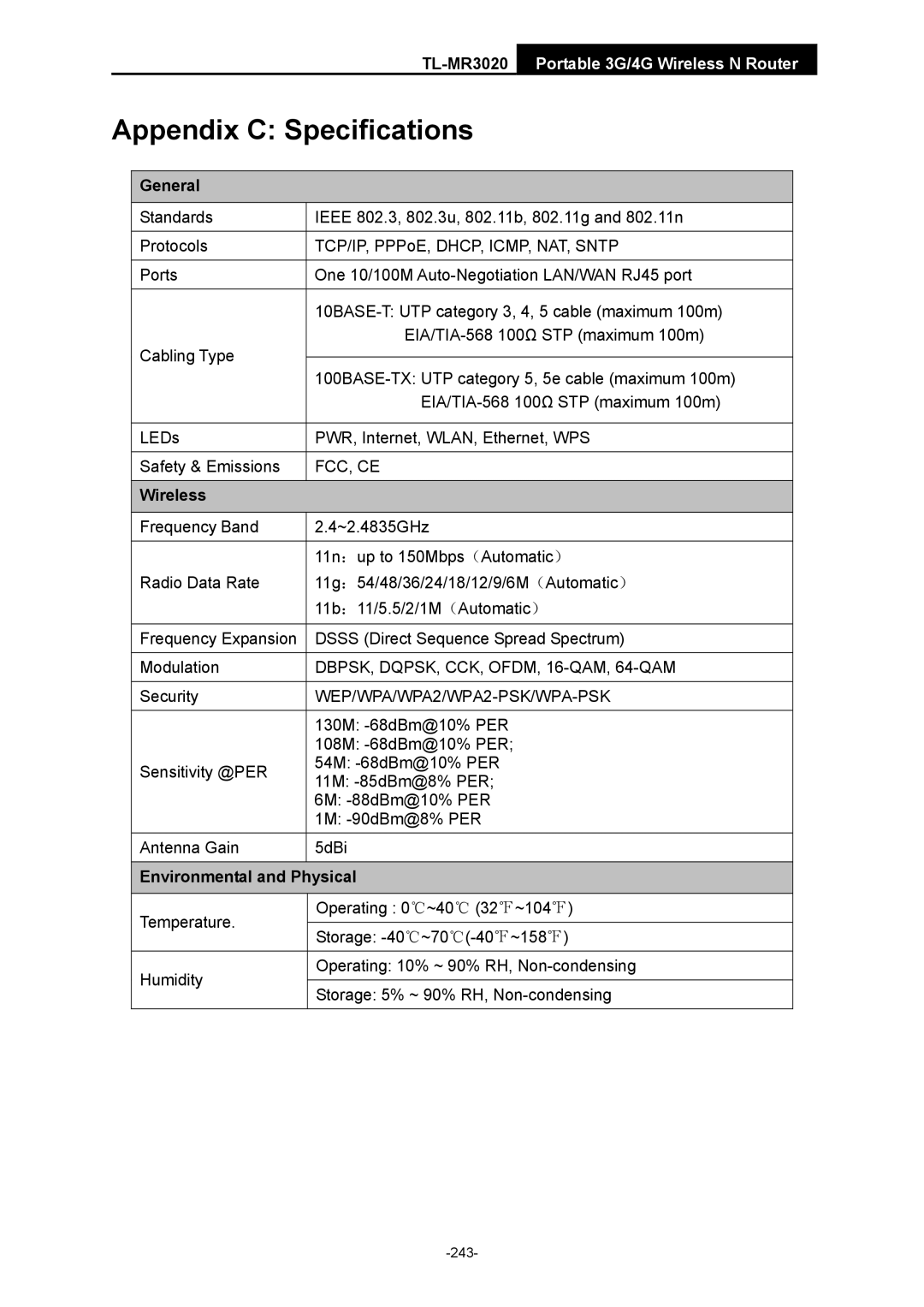 TP-Link TL-MR3020 manual General, Wireless, Environmental and Physical 