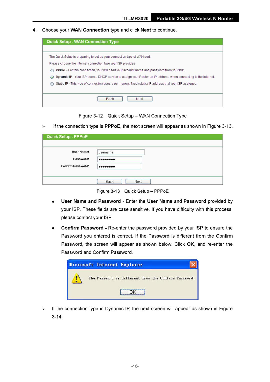 TP-Link TL-MR3020 manual Choose your WAN Connection type and click Next to continue 