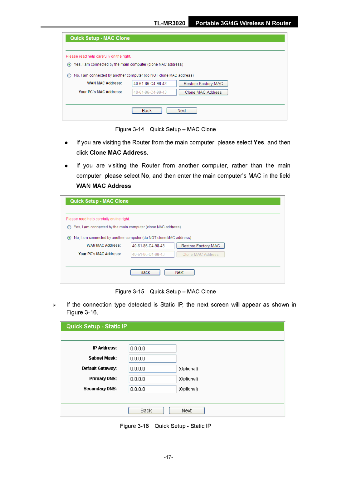 TP-Link TL-MR3020 manual Quick Setup MAC Clone 