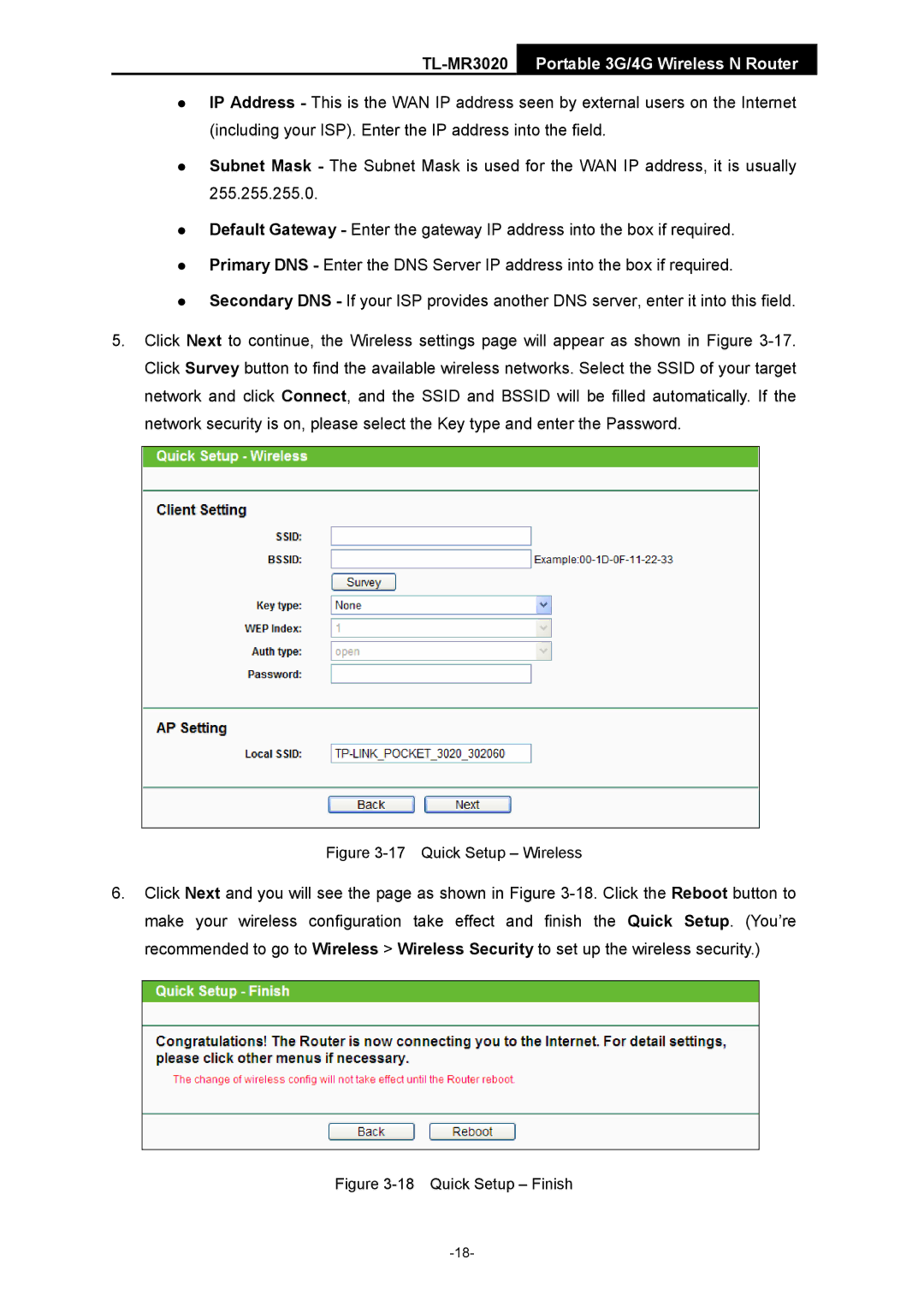 TP-Link TL-MR3020 manual Quick Setup Wireless 