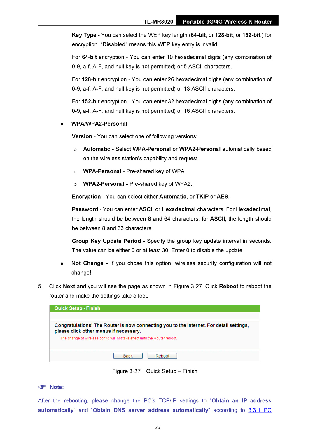 TP-Link TL-MR3020 manual WPA/WPA2-Personal, Quick Setup Finish 