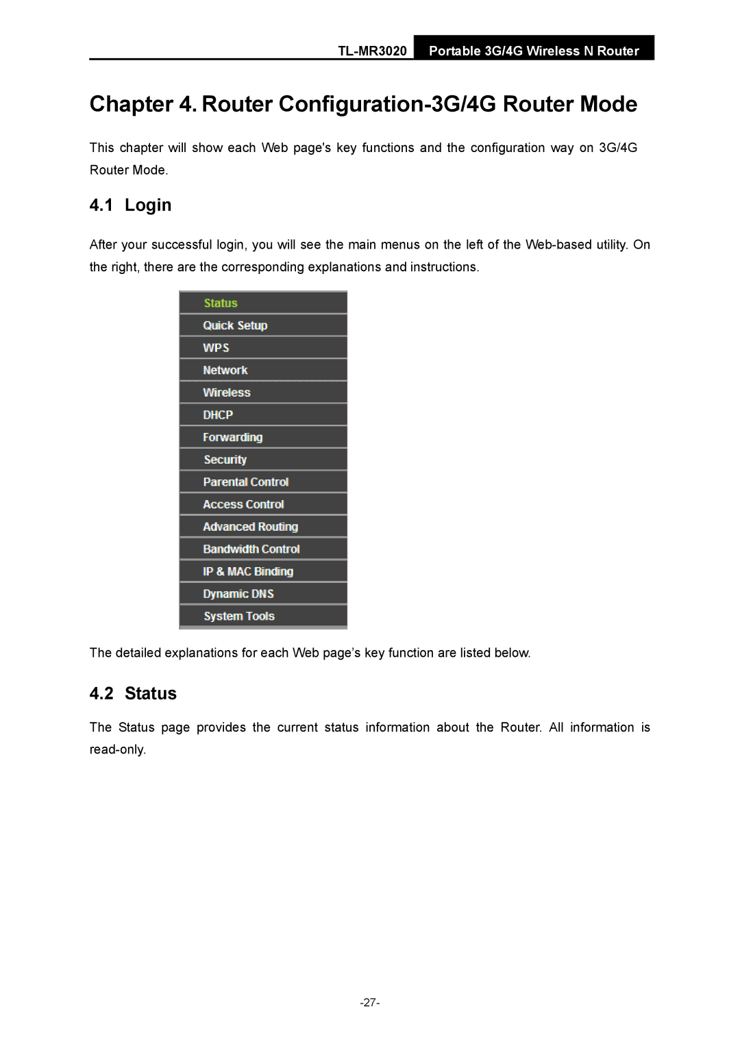 TP-Link TL-MR3020 manual Login, Status 