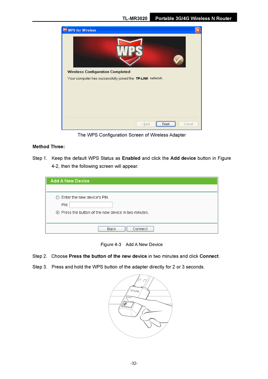 TP-Link TL-MR3020 manual Method Three, Add a New Device 