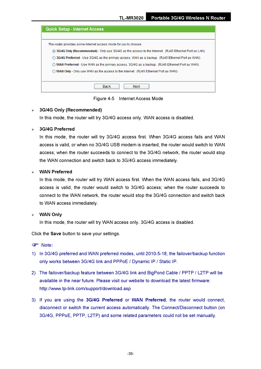 TP-Link TL-MR3020 manual ¾ 3G/4G Only Recommended, ¾ 3G/4G Preferred, ¾ WAN Preferred, ¾ WAN Only 
