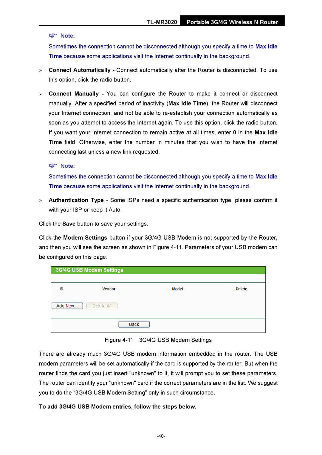 TP-Link TL-MR3020 manual To add 3G/4G USB Modem entries, follow the steps below 