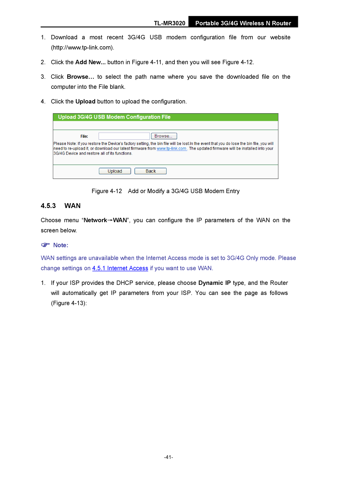 TP-Link TL-MR3020 manual 3 WAN, Add or Modify a 3G/4G USB Modem Entry 