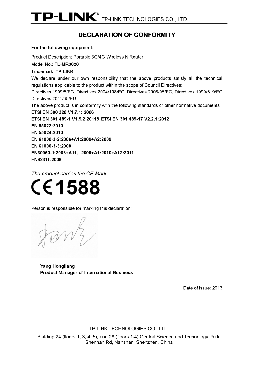 TP-Link TL-MR3020 manual For the following equipment, Yang Hongliang Product Manager of International Business 