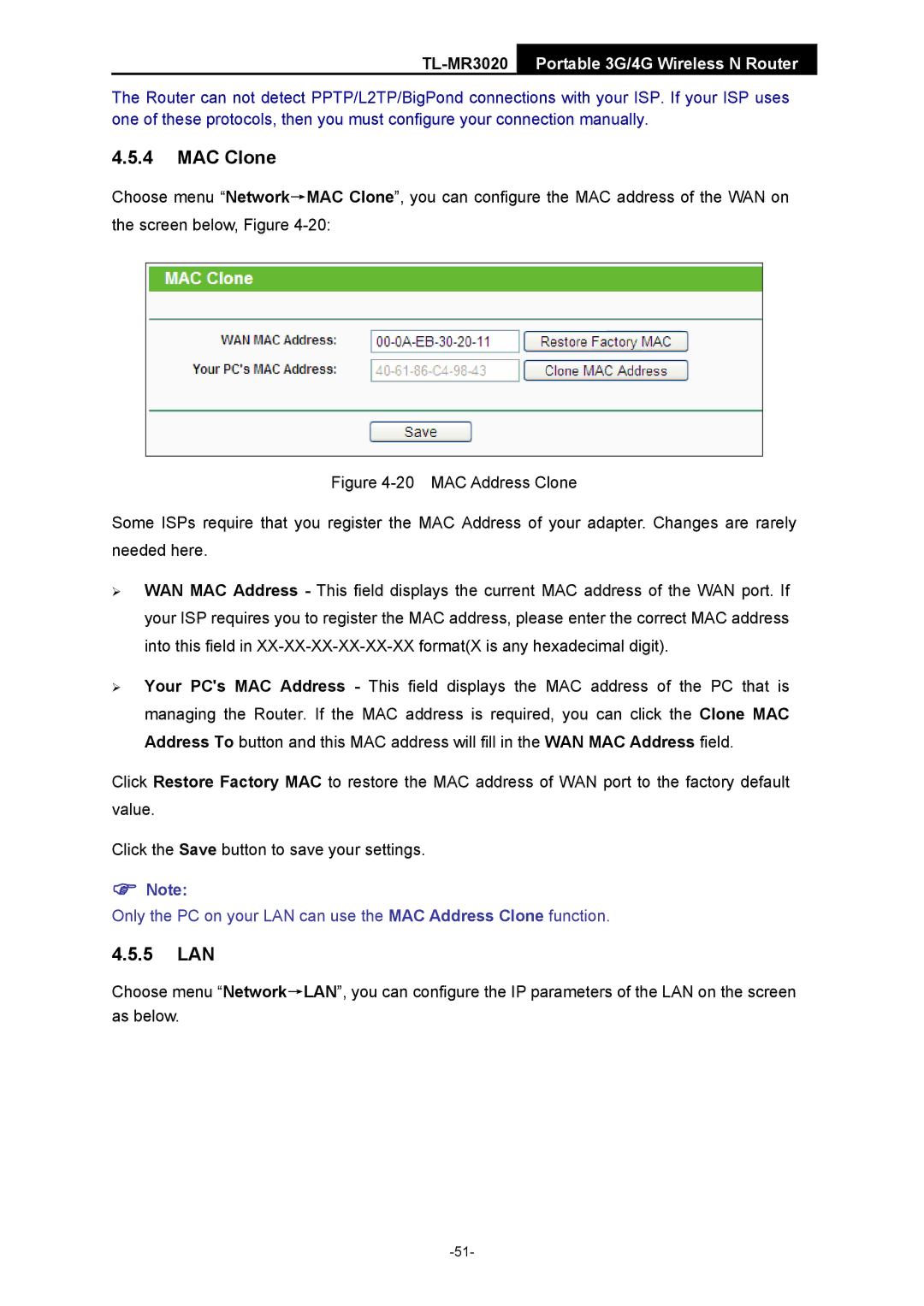 TP-Link TL-MR3020 manual MAC Clone, 5 LAN 