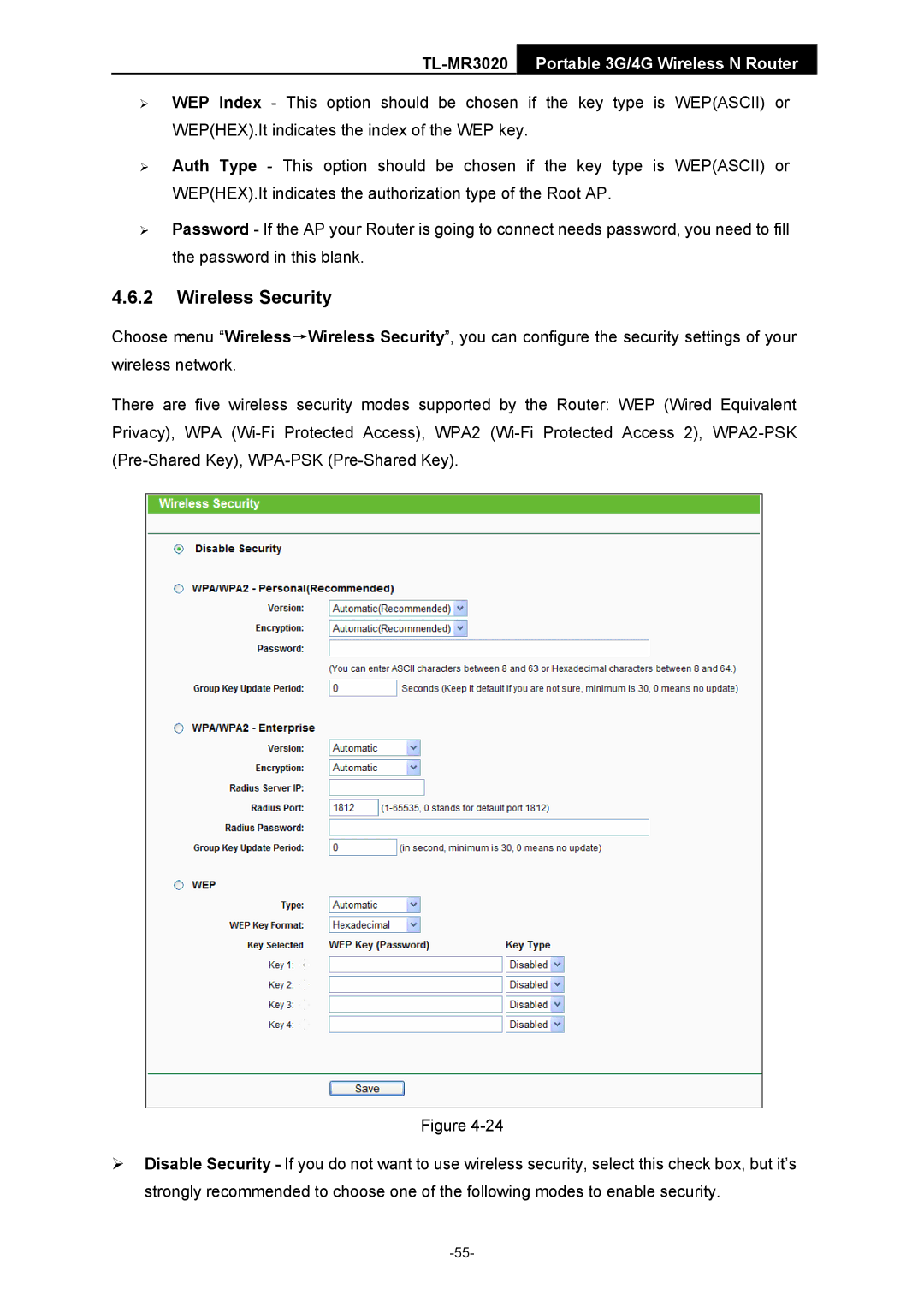 TP-Link TL-MR3020 manual Wireless Security 