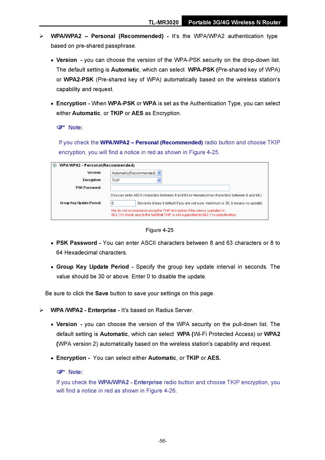 TP-Link TL-MR3020 manual Encryption You can select either Automatic, or Tkip or AES 