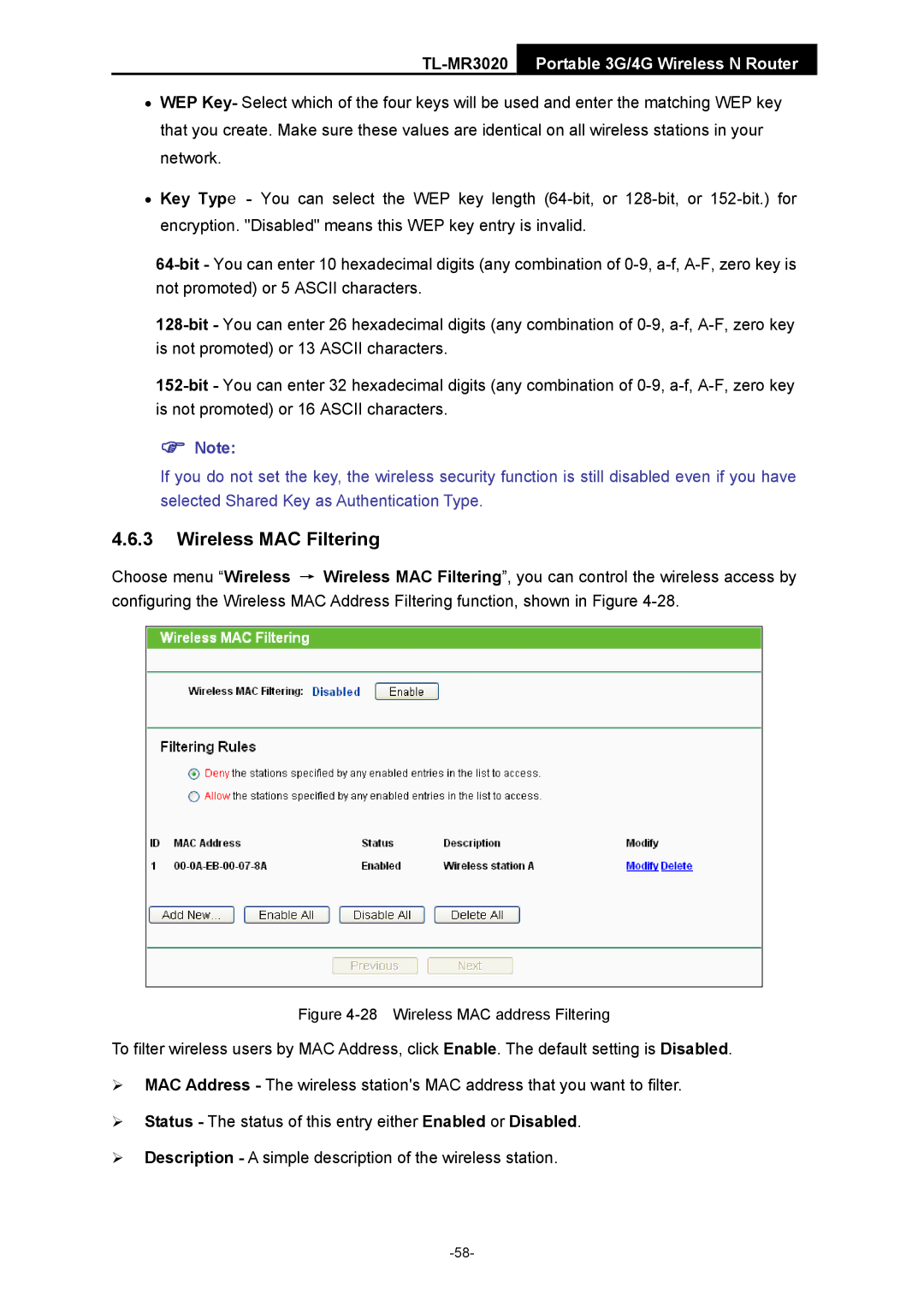 TP-Link TL-MR3020 manual Wireless MAC Filtering, Wireless MAC address Filtering 