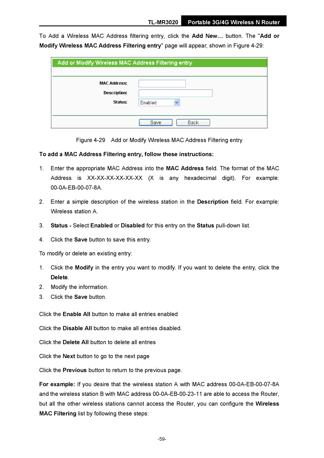 TP-Link TL-MR3020 manual Add or Modify Wireless MAC Address Filtering entry 