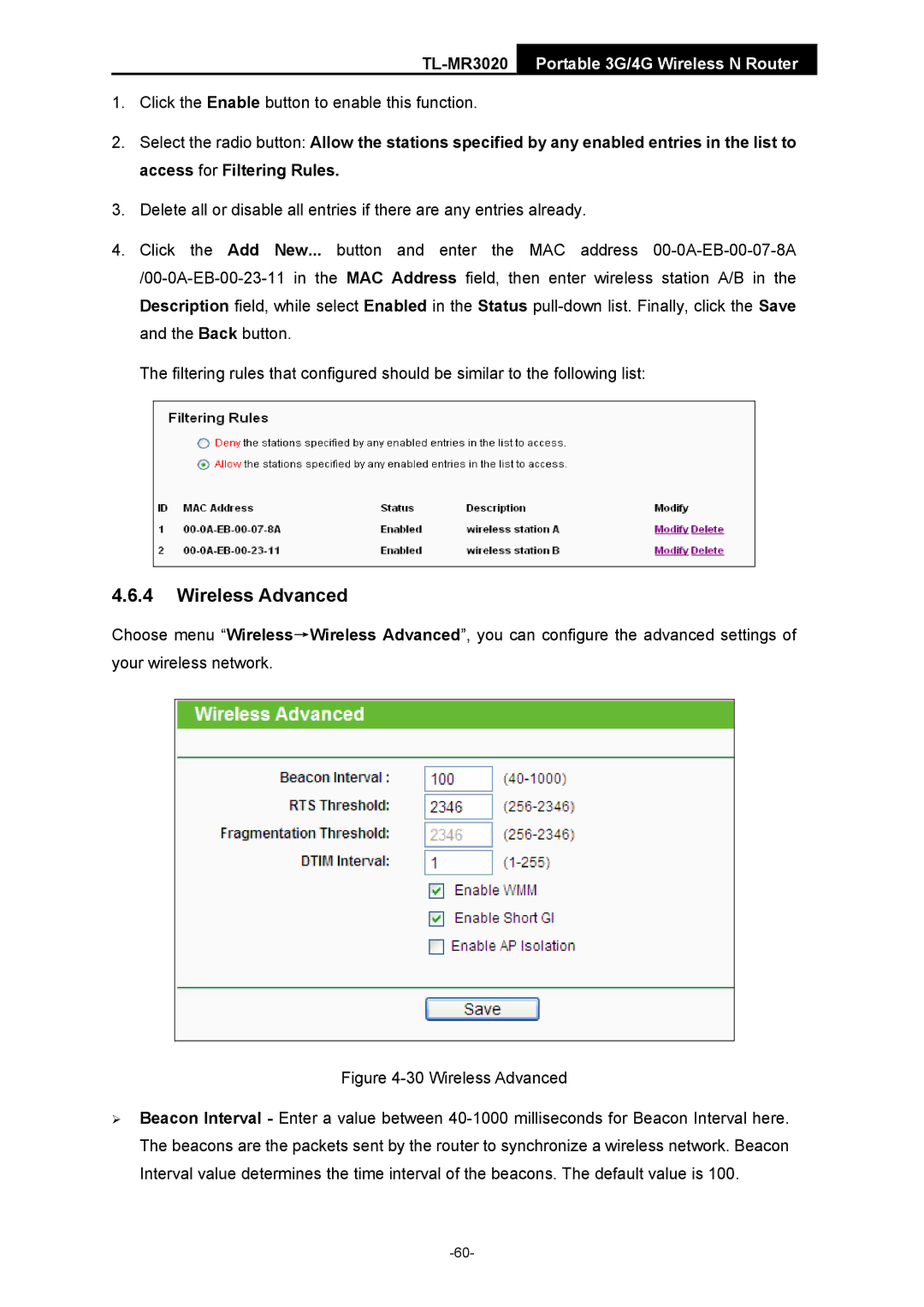 TP-Link TL-MR3020 manual Wireless Advanced 