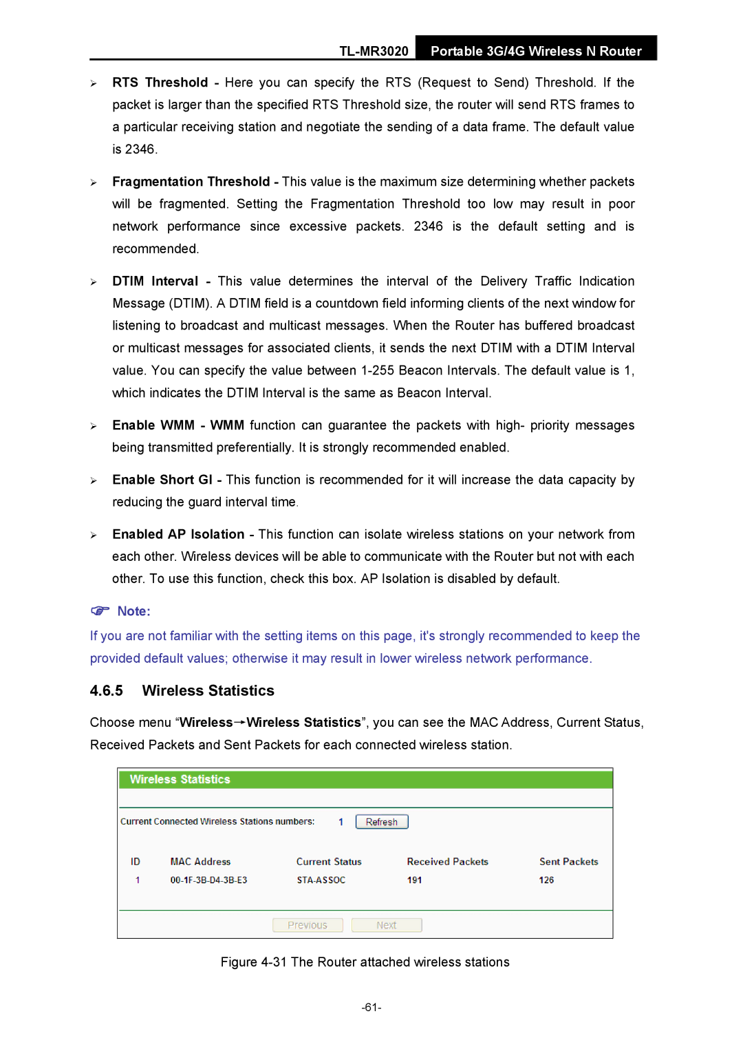 TP-Link TL-MR3020 manual Wireless Statistics, The Router attached wireless stations 