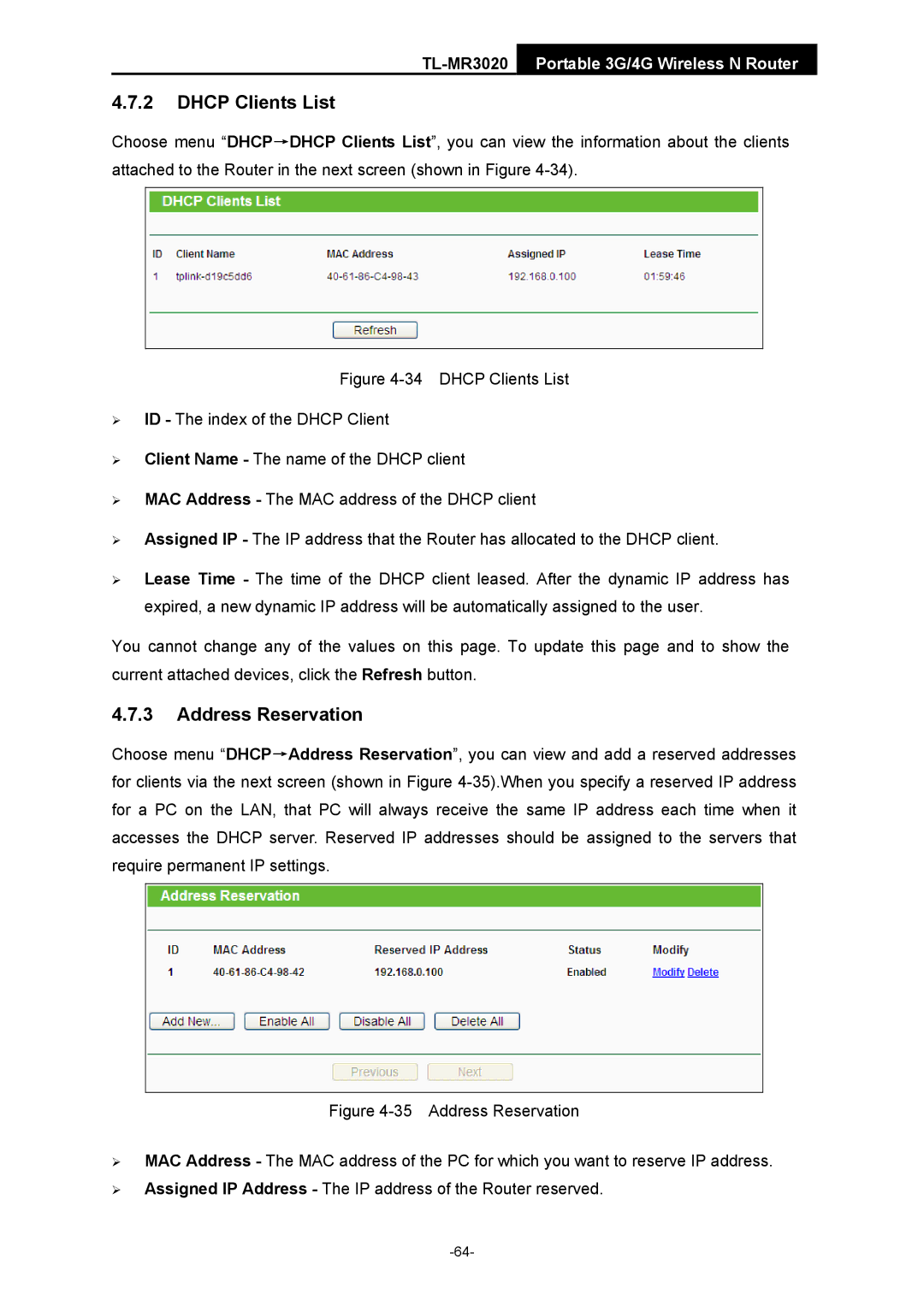 TP-Link TL-MR3020 manual Dhcp Clients List, Address Reservation 