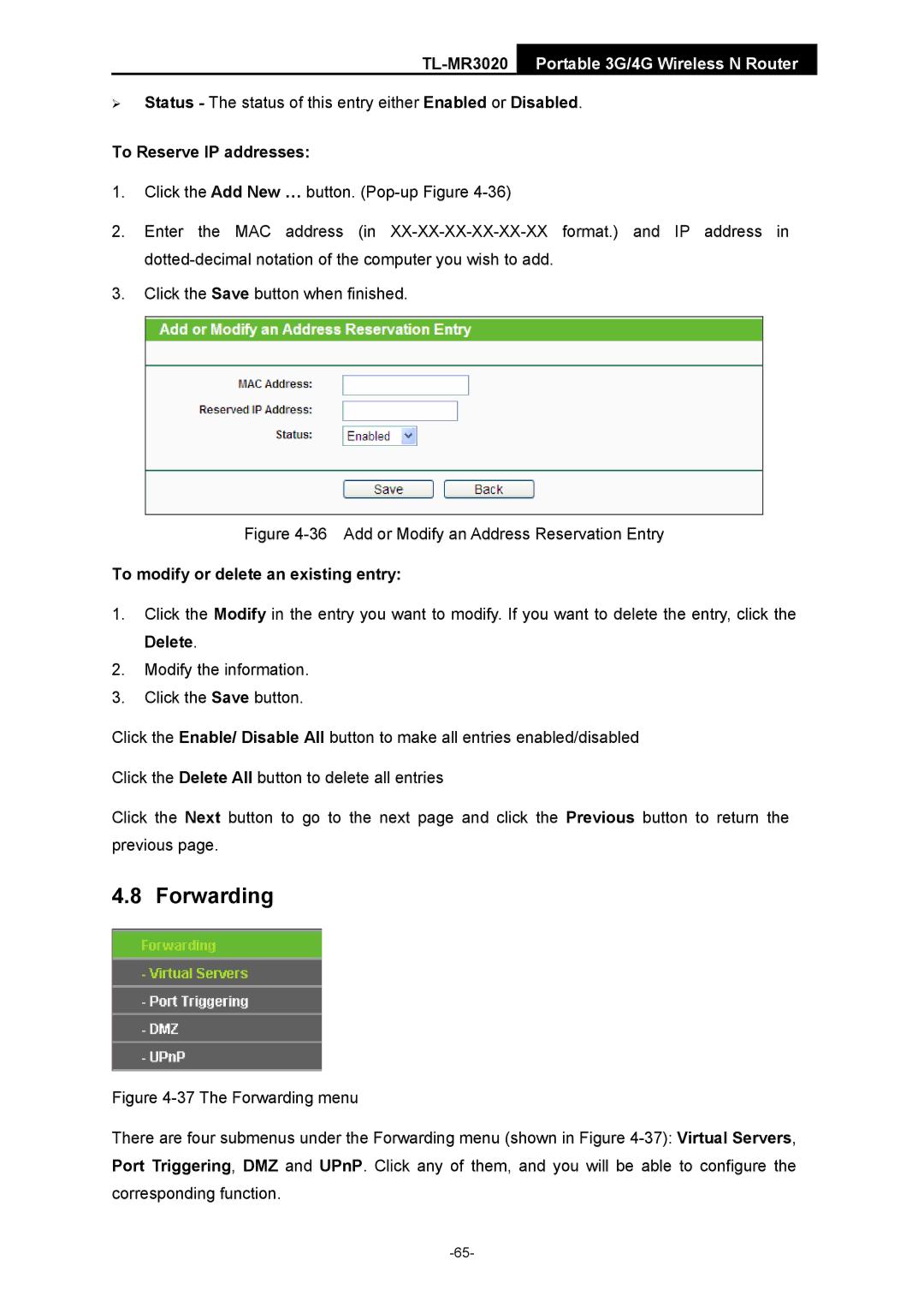 TP-Link TL-MR3020 manual Forwarding, To Reserve IP addresses, To modify or delete an existing entry 