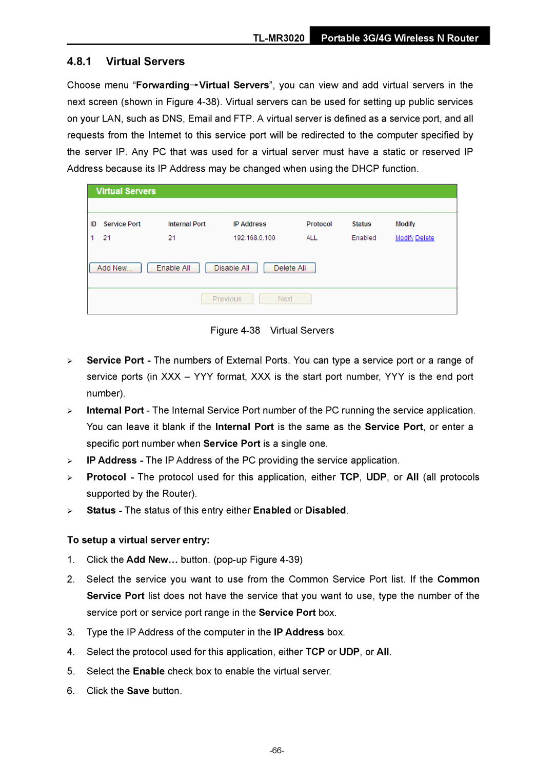 TP-Link TL-MR3020 manual Virtual Servers, To setup a virtual server entry 