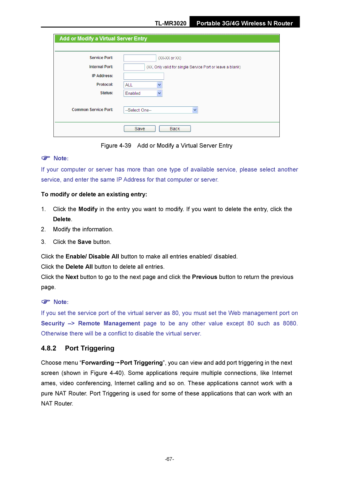 TP-Link TL-MR3020 manual Port Triggering, Add or Modify a Virtual Server Entry 