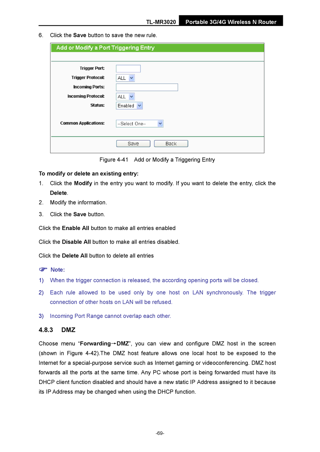 TP-Link TL-MR3020 manual 3 DMZ, Add or Modify a Triggering Entry 