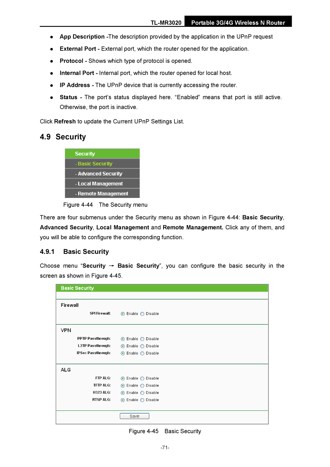 TP-Link TL-MR3020 manual Basic Security 