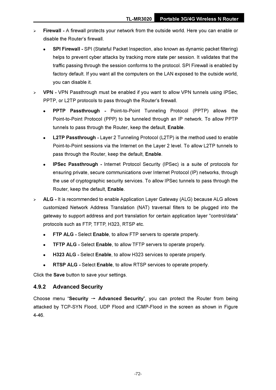 TP-Link TL-MR3020 manual Advanced Security 